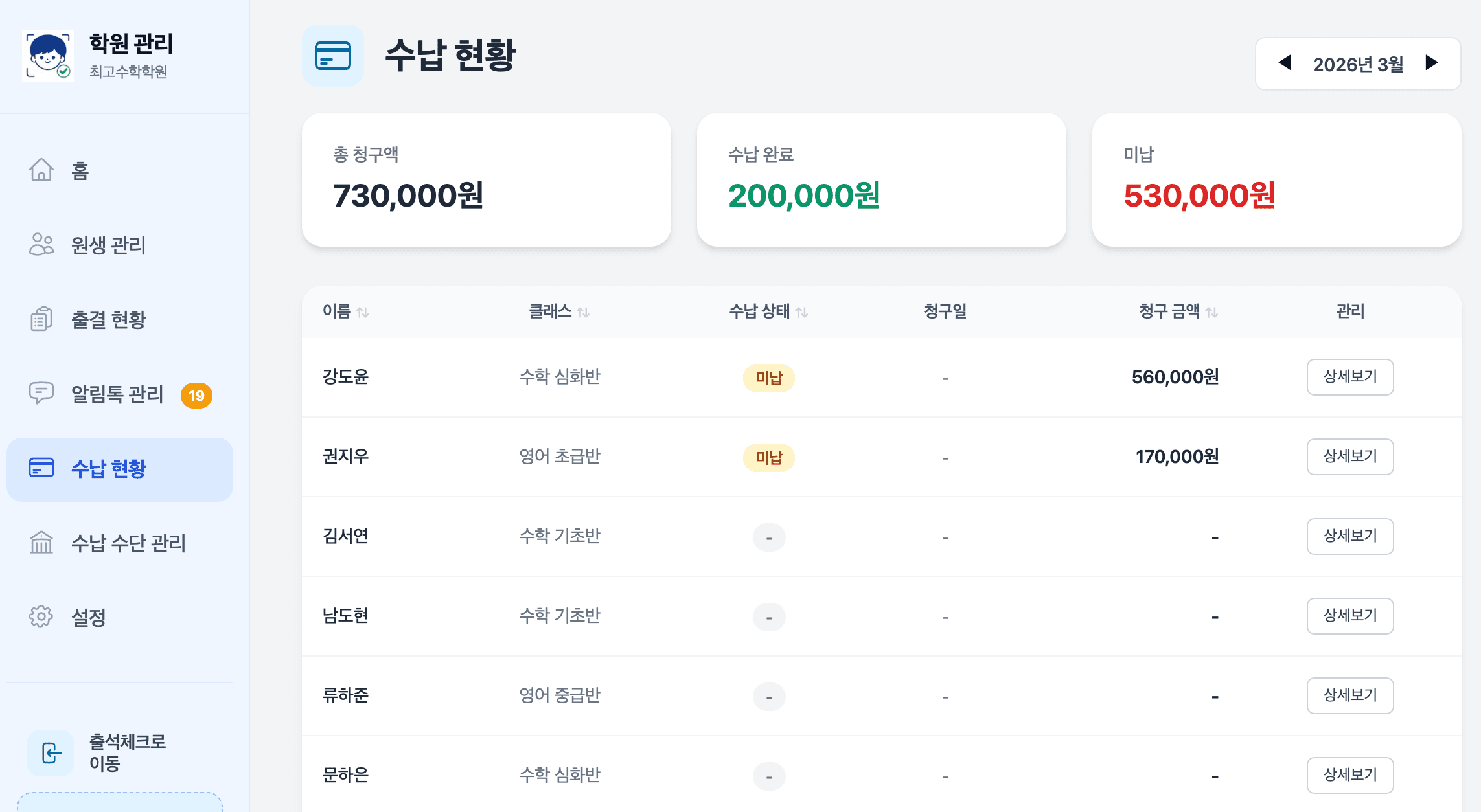 수납 완료와 미납 현황이 정리된 수납 현황 화면